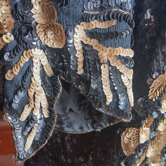Large Vintage Sequin Floral Embellished Top Silk Sequined Black & Gold 90s - Picture 5 of 8